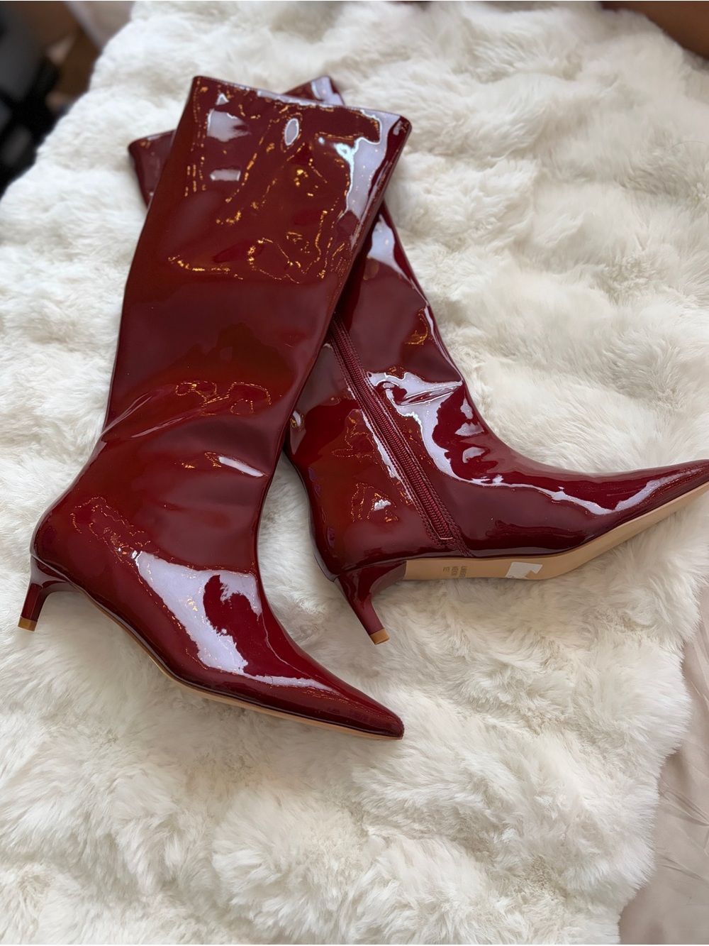 Windsor Burgundy Patent Knee-High Pointed-Toe Kitten Heel Boots